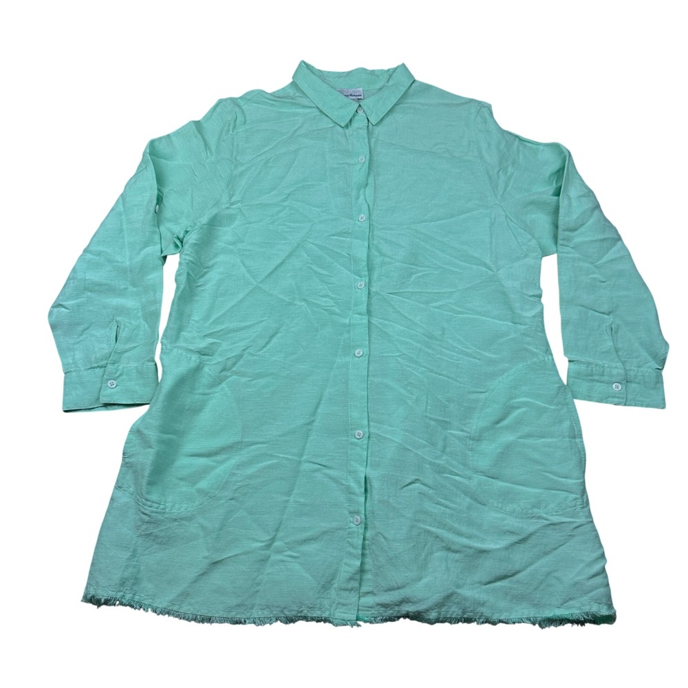Tommy Bahama Seafoam Green Linen Button Down Tunic Shirt XL Roll Tab Fringe